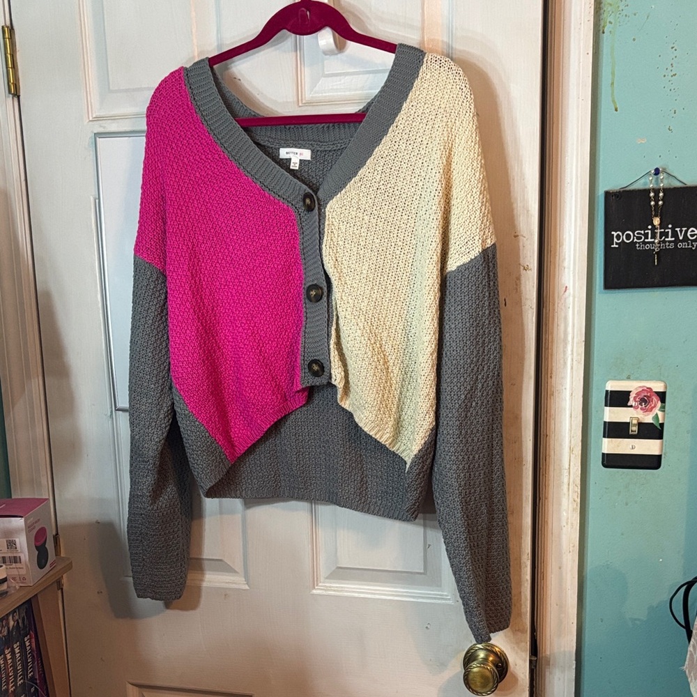 Colorblock V-Neck Button-Up Sweater Size Large